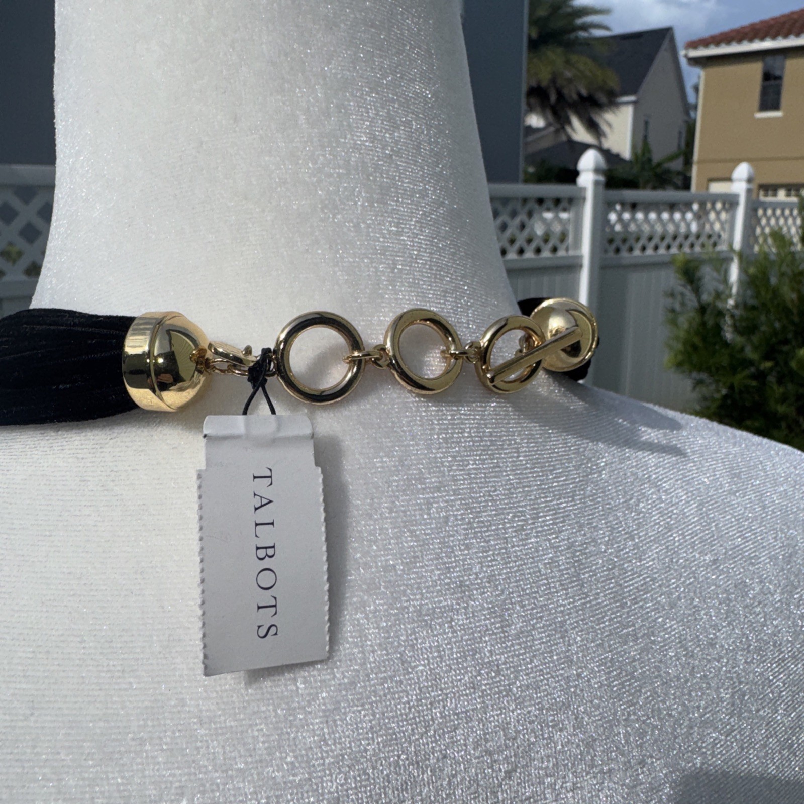 Talbots Black Velvet Gold Tone Faux Pearl CZ Beaded Cluster Necklace 21″ NWT