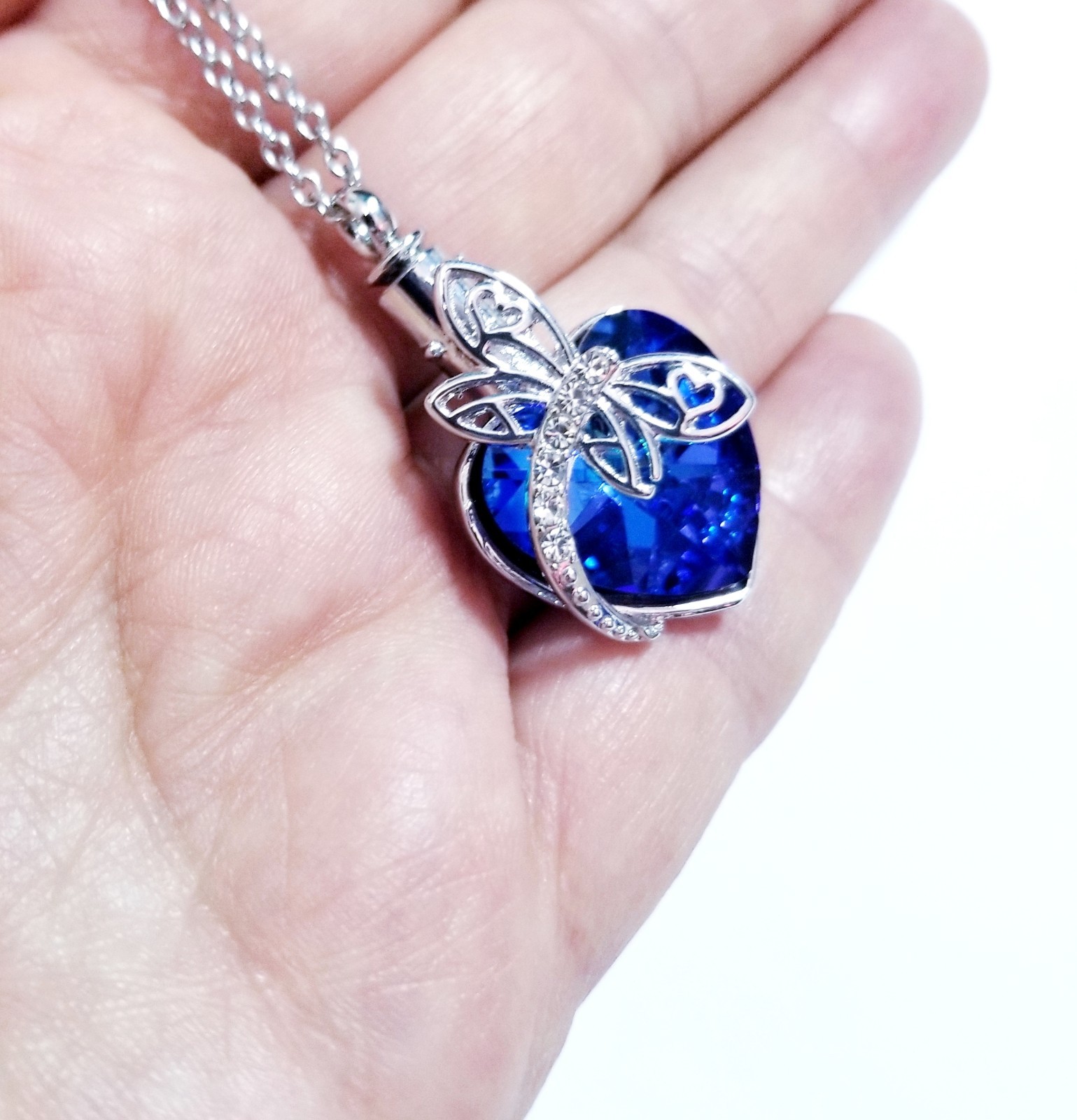 Silver Tone Urn Cremation Memorial Necklace Dragonfly Pendant for Ashes Blue