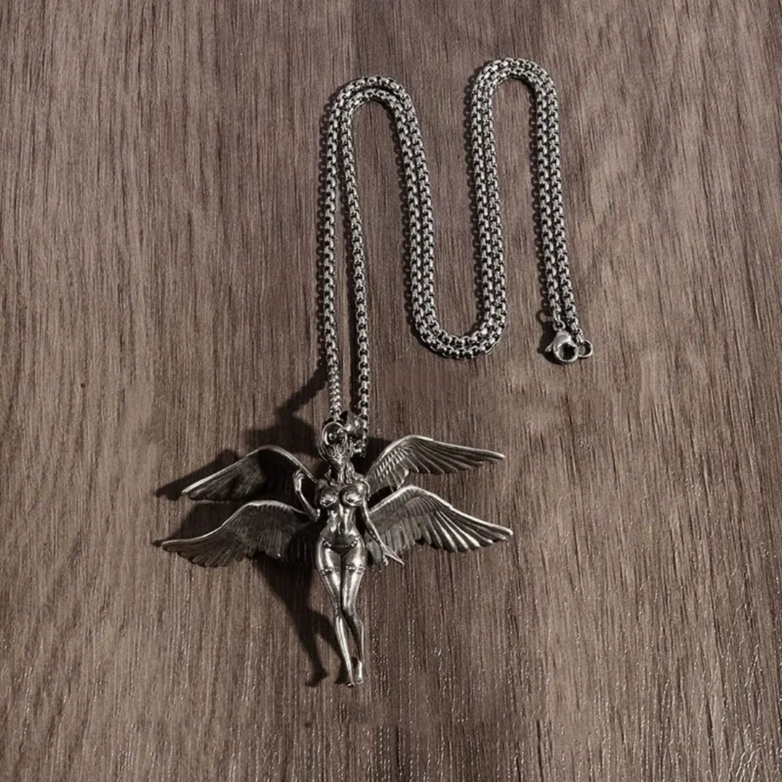 Silver Tone Alloy 4 Wing Angel Pendant Choker Box Chain Gothic Punk Necklace