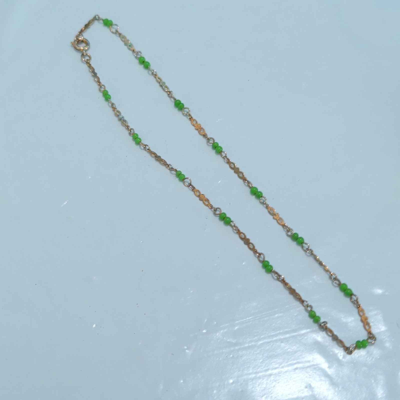 Gold Tone Cable Chain Necklace Green Rondelle Beads Spring Ring Clasp