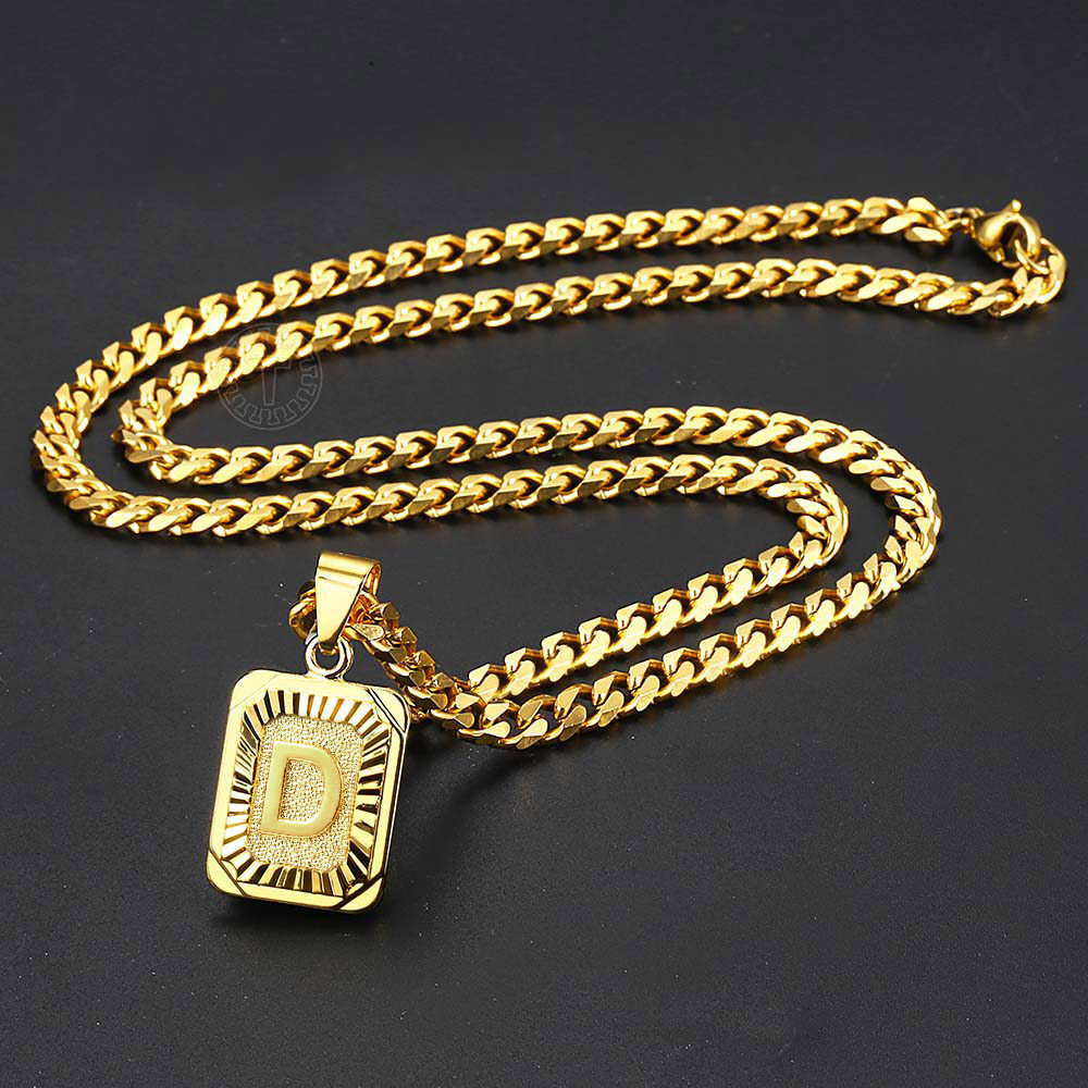 Couple Jewelry Gold Filled Initial Necklace Letter Pendant w/ Box / Curb Chain