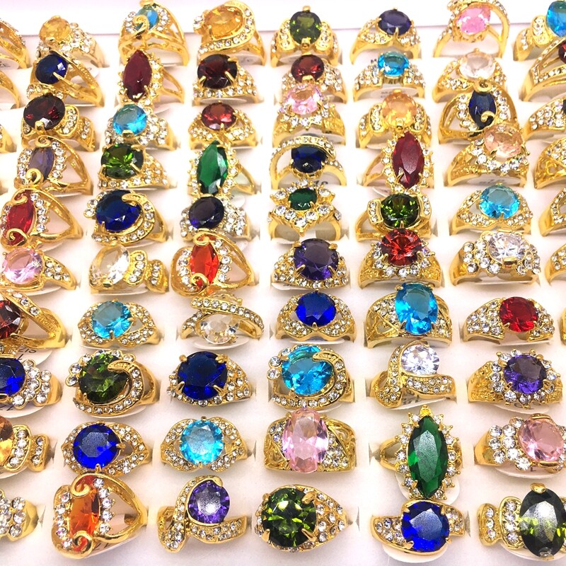 20pcs Women Rings Gold Plated Hand Inlay Rhinestone Zircon Jewelry Wholesale Lot