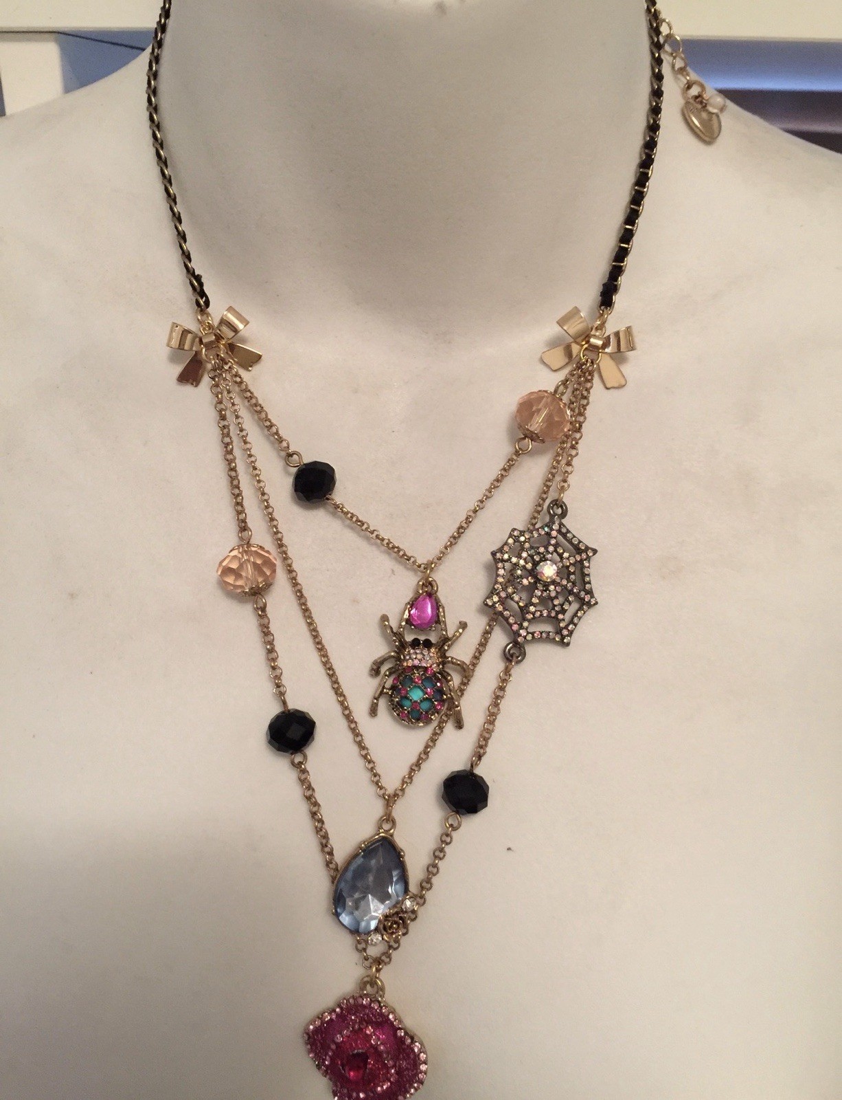 Gold Tone Layered Cable Chain Charm Pendant Necklace Bows Spider Web Multicolor
