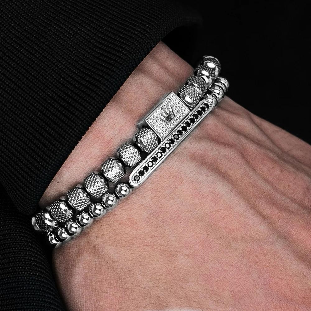 2pcs Luxury Crown Bracelet Set for Men Adjustable Beaded Fashion Jewelry Gift