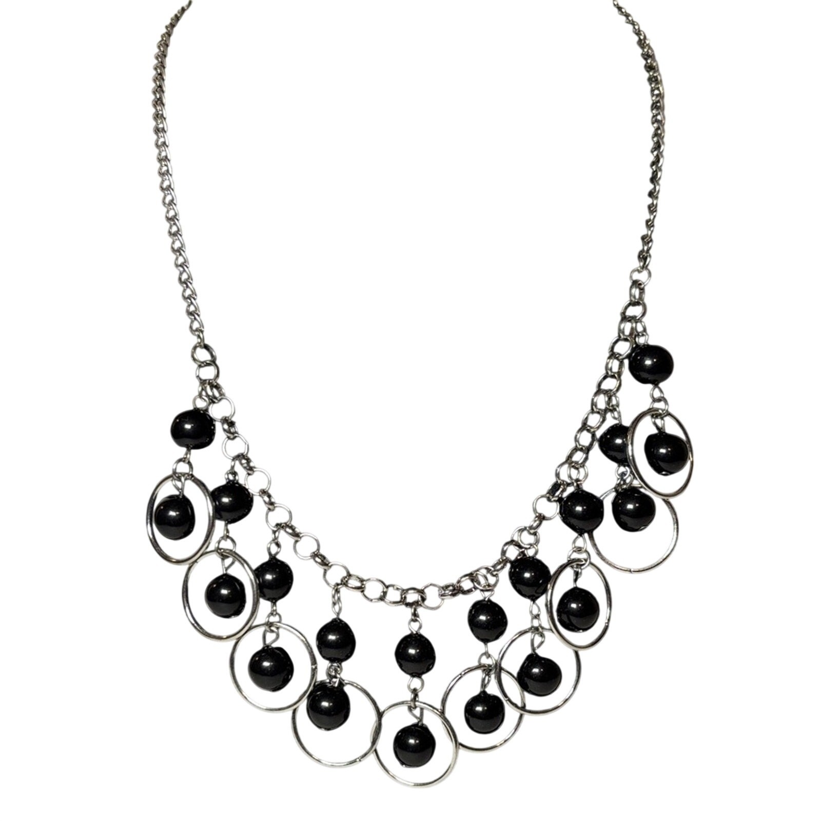 Y2K Black Acrylic Bead Silver Tone Statement Necklace 18”