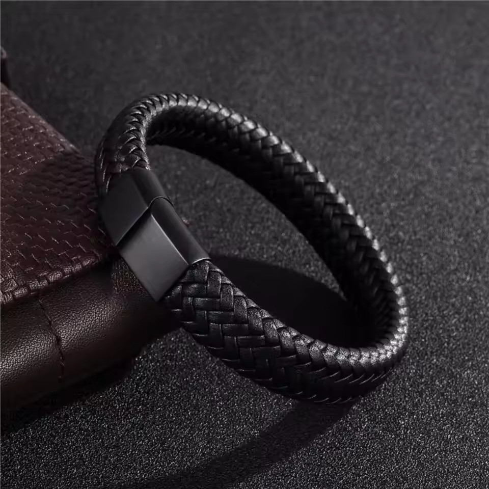 Black Bracelet Men’s Braided Leather Bangle Stainless Steel Cuff Wristband USA