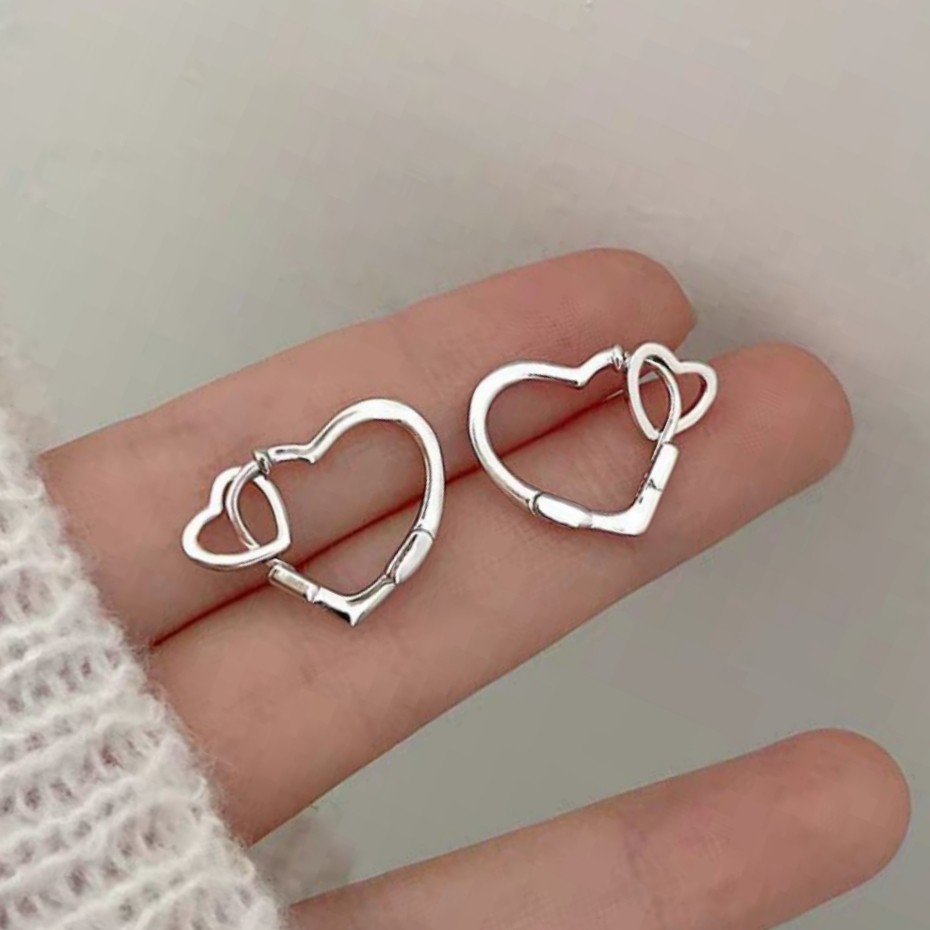 Silver Plated Alloy Detachable Double Hearts Interlocking Huggie Dangle Earrings