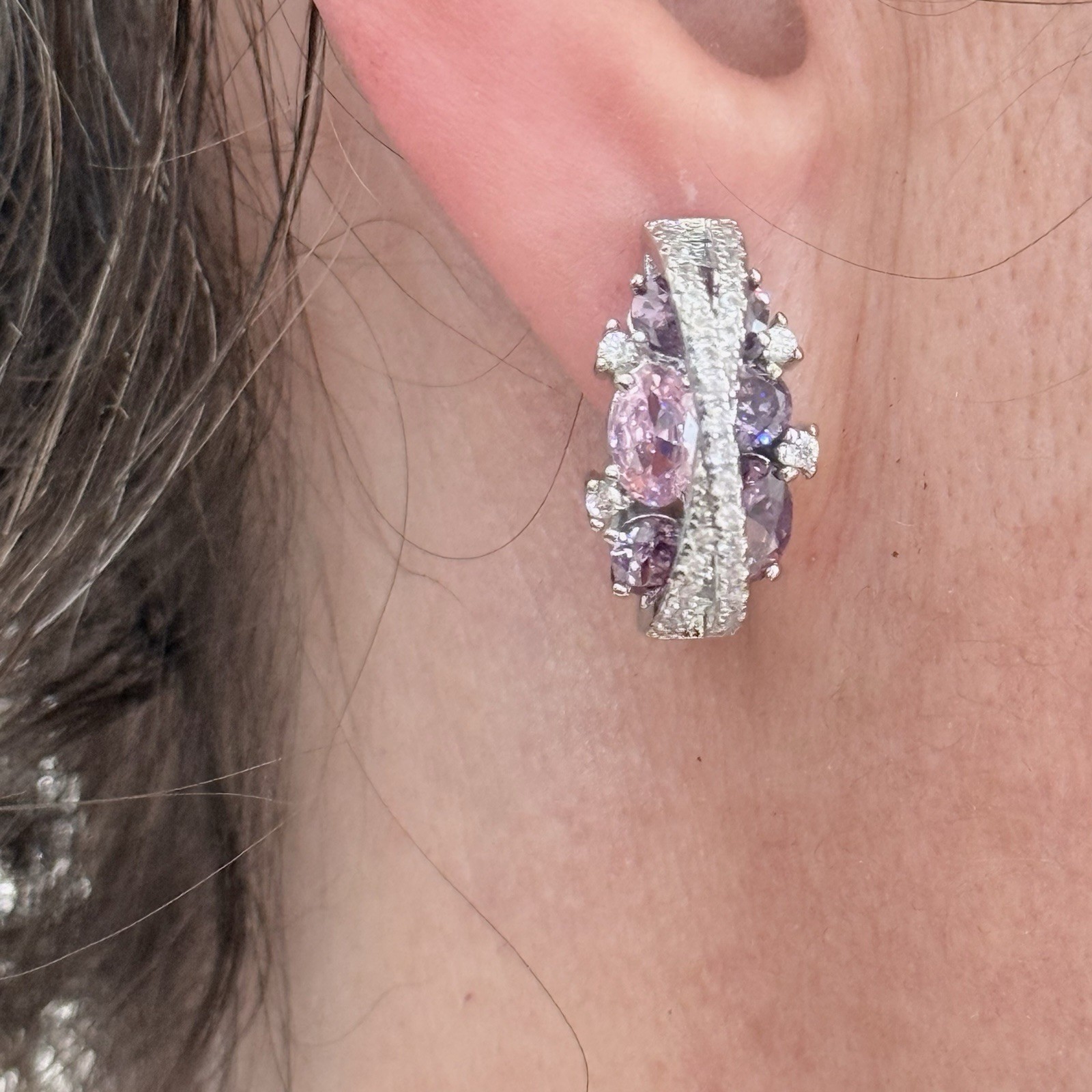 Multicolored Pink Purple, White Cubic Zirconia, Huggie Hoop, Dangle