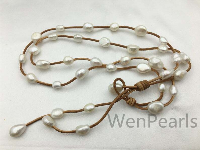 Two Rows Baroque pearl leather necklace Pearl and Leather Lariat Necklace Gift
