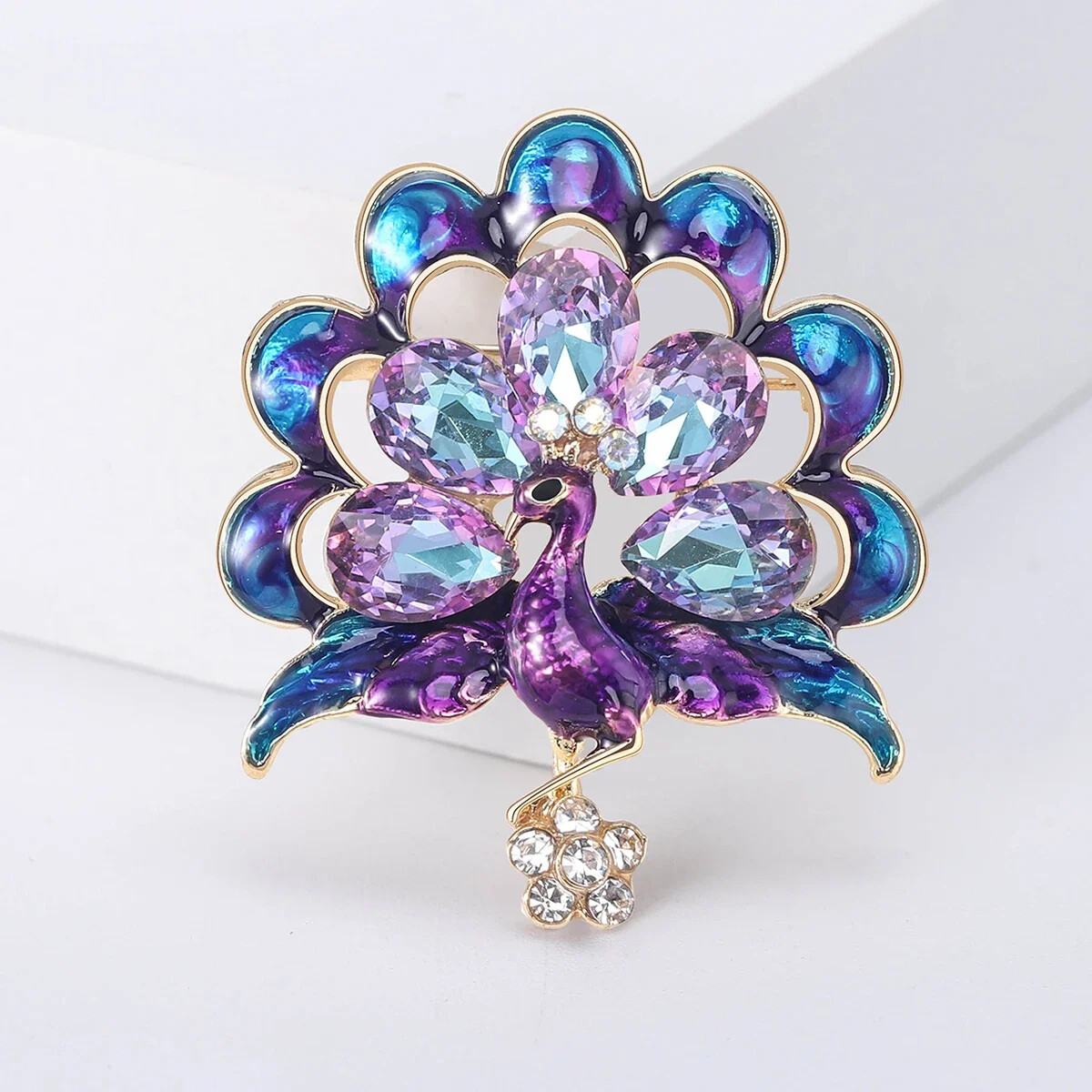 Luxury Shiny Rhinestone Blue Peacock Brooch Pin Animal Theme Women Jewelry Gift