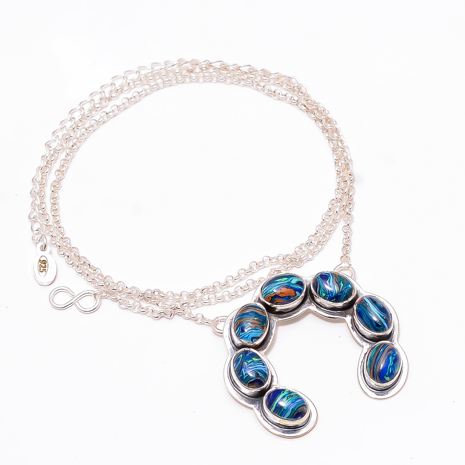 Blue Rainbow Calsilica 925 Sterling Silver Horse Shoe Necklace 17-21″ CP92112603