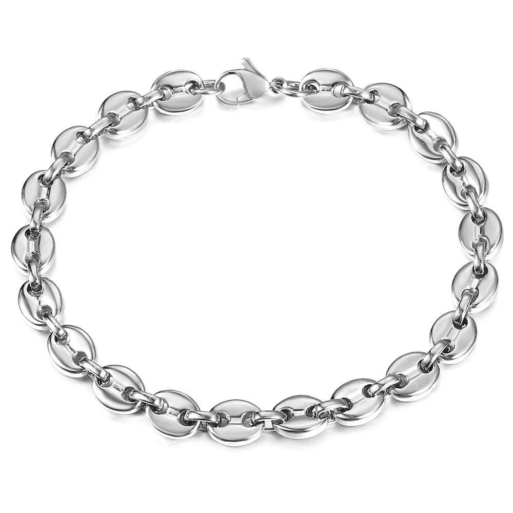 7mm 7inch Women Coffee Beans Marina Link Chain Bracelet Stainless Steel Silver