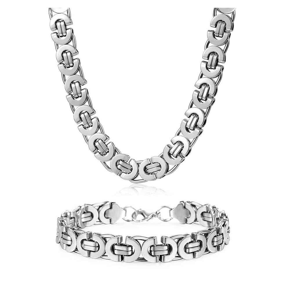 11mm Men’s Silver Flat Byzantine Chain Necklace Bracelet Set Stainless Steel