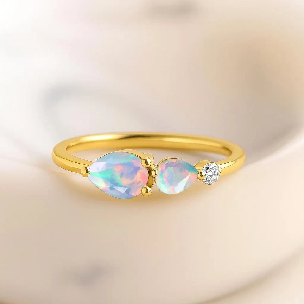 AAA Ethiopian Fire Opal Three Gemstone Stackable Ring, Natural Opal Gemstone