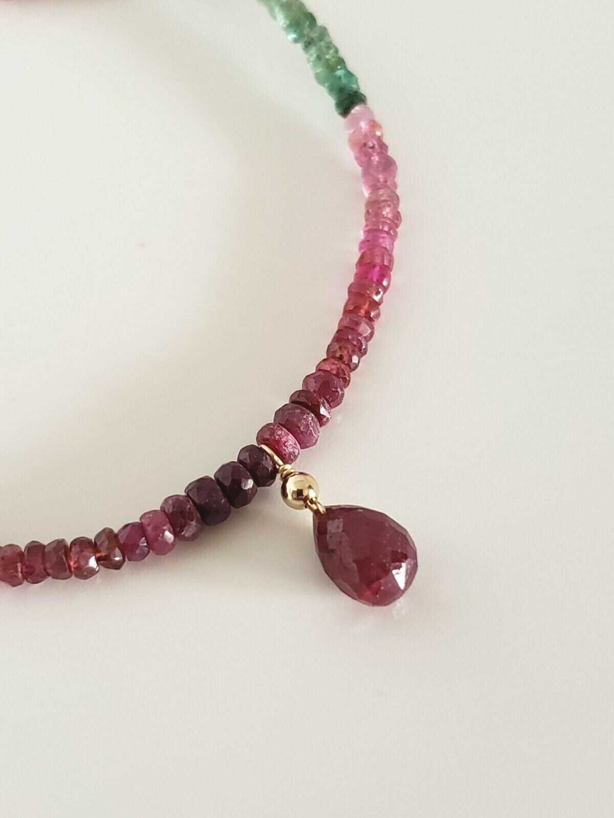 14k Yellow Gold Ruby Briolette, Sapphire, Emerald Beaded Necklace 18″