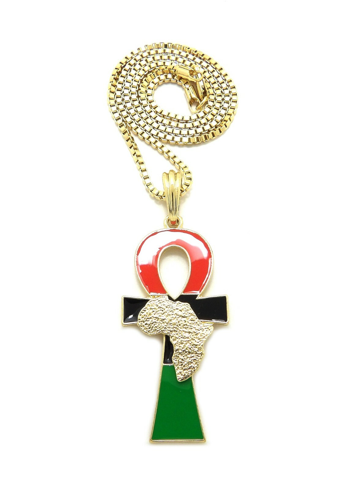 Africa Map on Ankh Pendant 18″,20″,24″ Box, Cuban, Rope Chain Necklace XSP828
