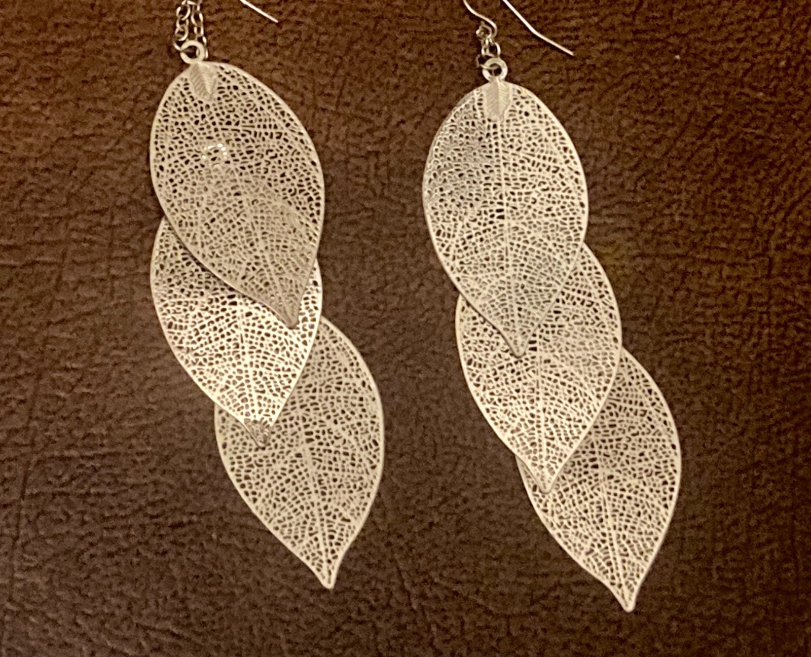 Artisanal Gold Tone Plated Real Leaf Skeleton Earrings Botanical Dangle Boho