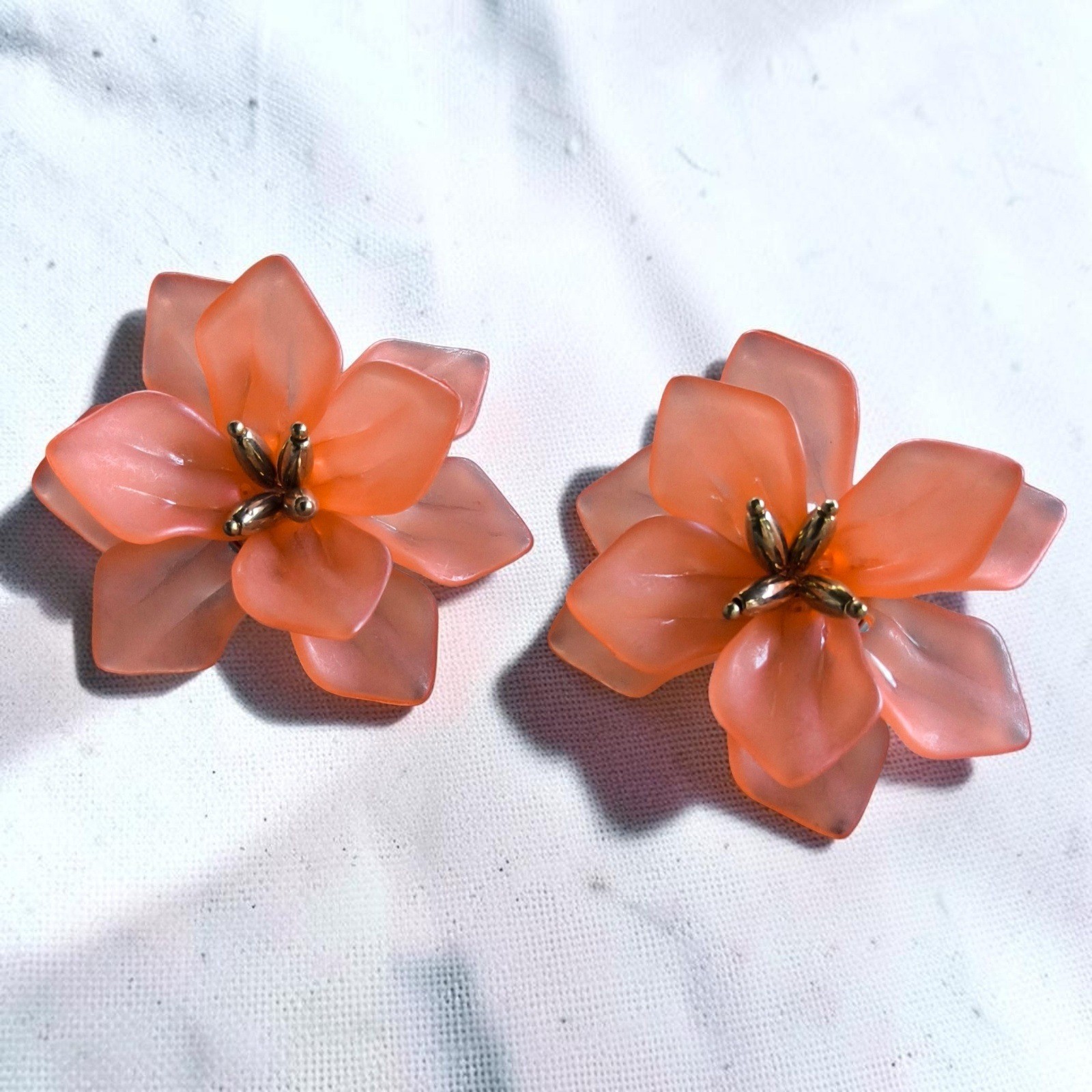 Oversize Canteloupe Color Satin Acrylic Flower Statement Pierced Earrings Floral