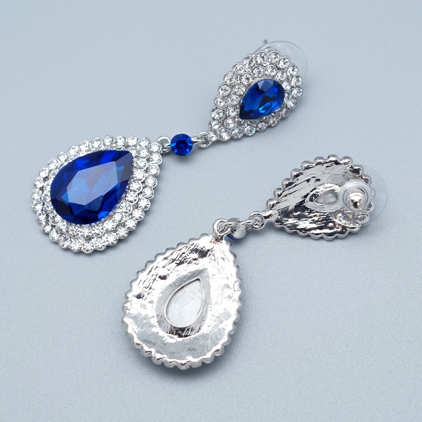 Drop Dangle Earrings Simulated Sapphire Blue Rhinestone Silver Plated Wedding 43
