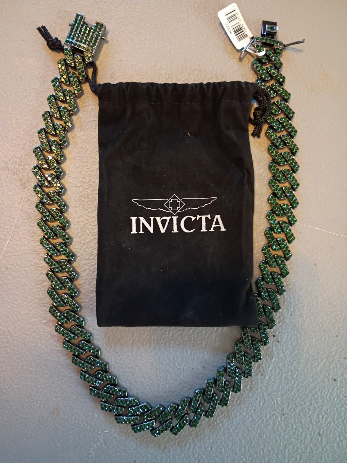 XL Invicta Cuban Link Green Crystal Silver Necklace 21in 80924