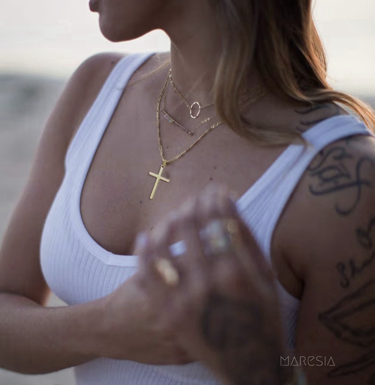 Gold Cross Pendant Necklace 3mm Figaro Chain Stainless Steel 20in Lobster