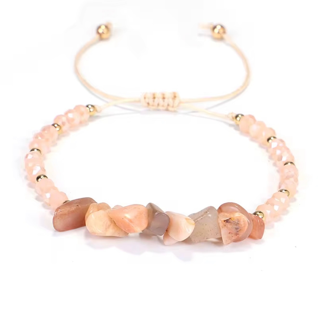 Pink Crystal Chip Stone Bracelet, Knitted Charm Jewelry (18cm Adjustable)