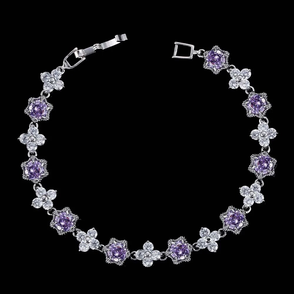 Silver Plated Cubic Zircon Green Flower Star Charm Bracelet Women Party Jewelry