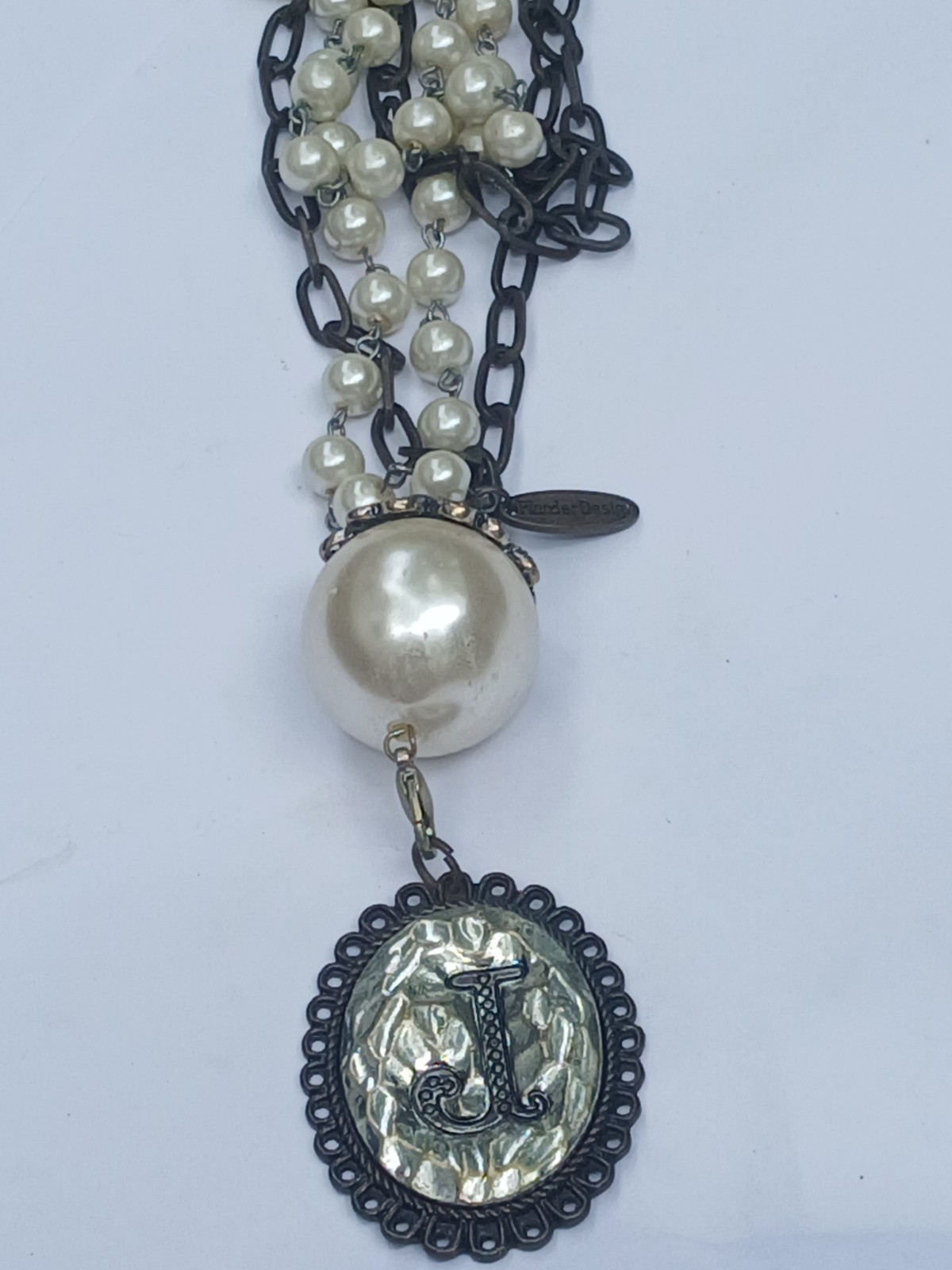 Vintage Designer Plunder detachable initial J pendant large pearl necklace