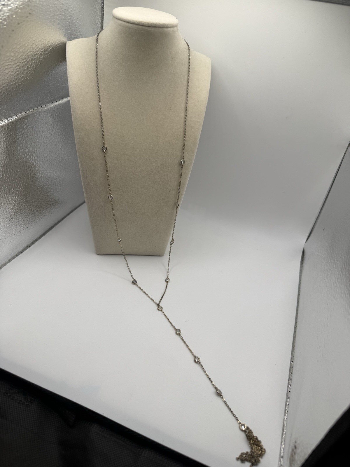 Silver Tone Crystal Station Lariat Tassel Pendant Necklace Whimsigoth Dainty