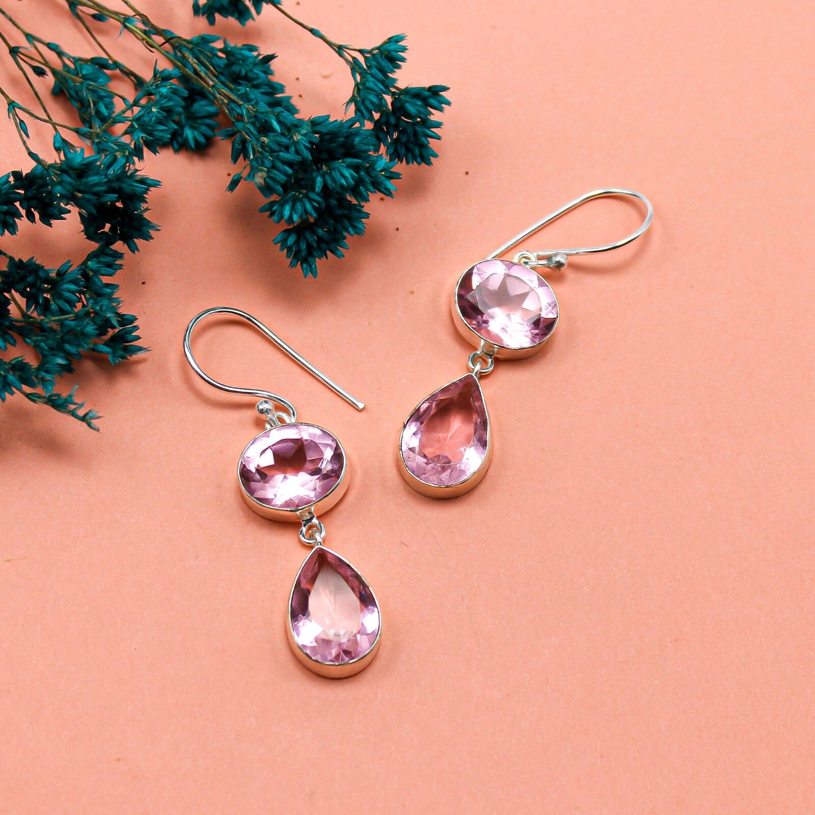 Kunzite Jewelry Sterling Silver Gift For Mother Drop/Dangle Earrings 1.88″