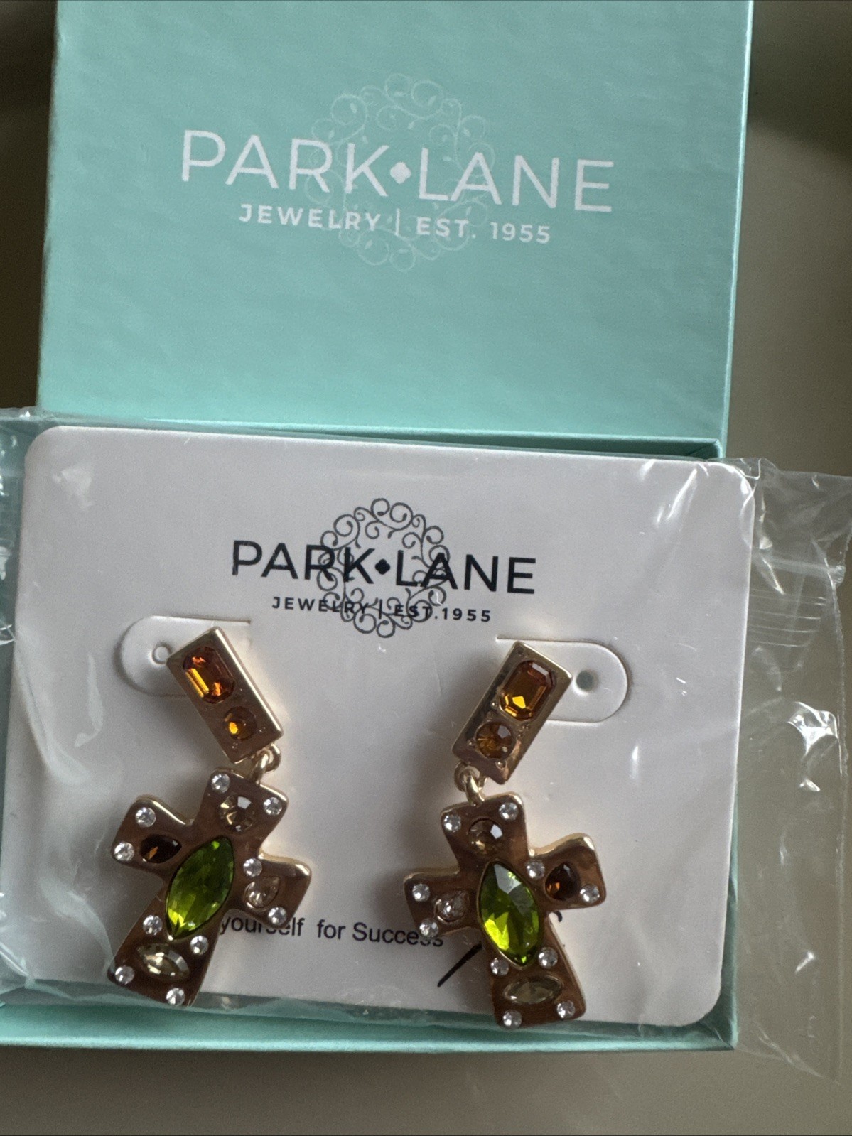 Park Lane Lumen Cross Earrings With Citrine & Topaz Crystals Hammered Gold