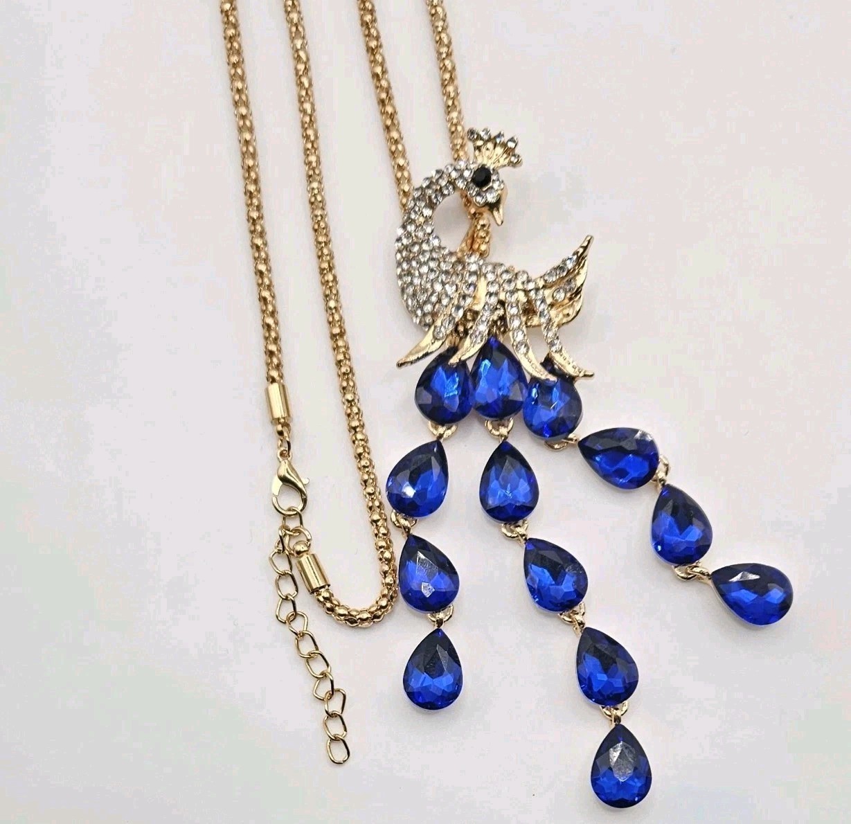 Pendant Necklace Austrian Crystal AB Statement Peacock Gold Tone 30″