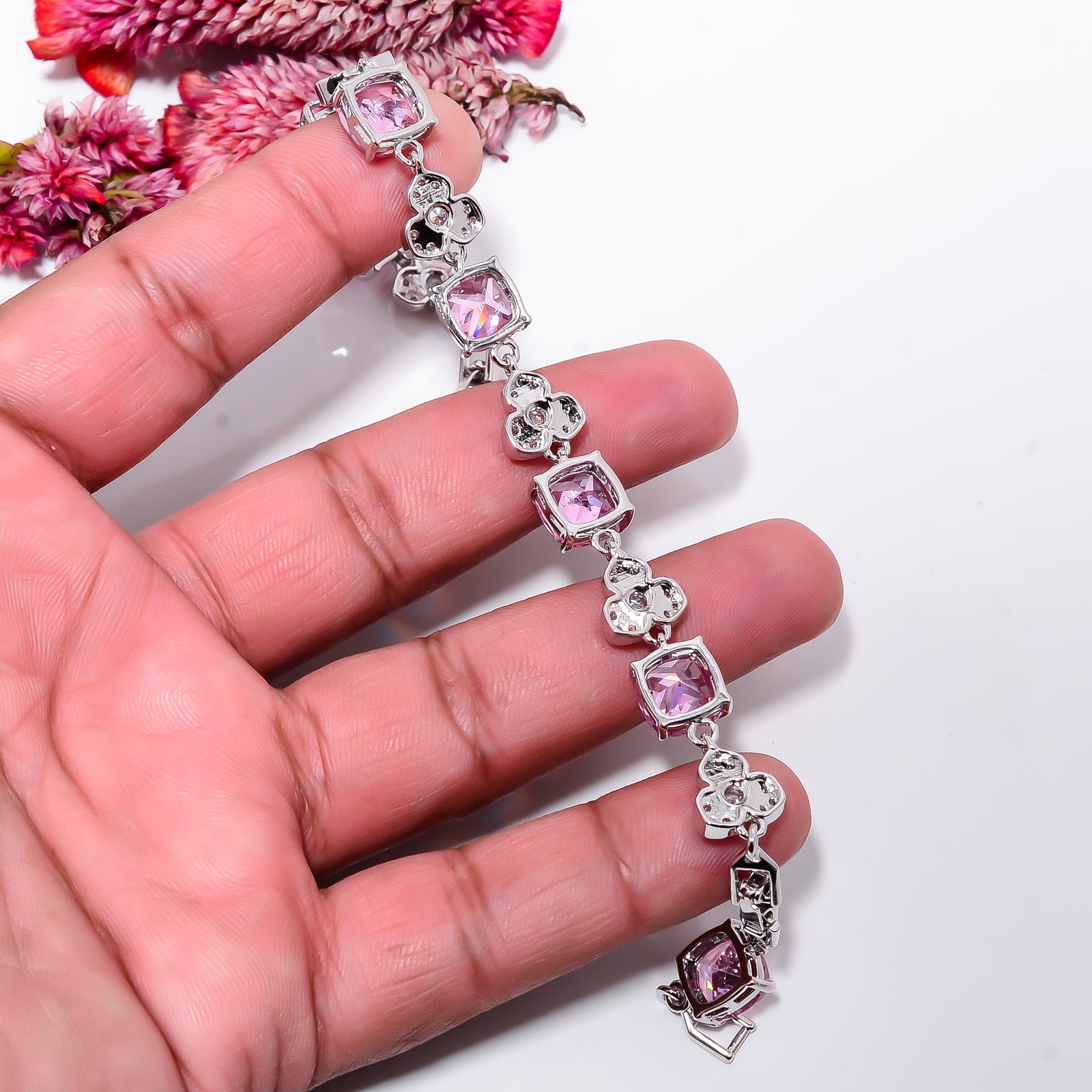 Pink Kunzite, CZ 925 Sterling Silver Adjustable Bracelet 7-8″ B14212