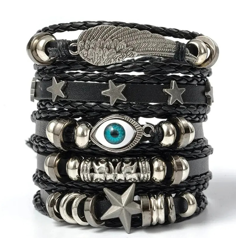 5pcs Punk Style Braided Bracelet Set – Wing & Star Design Leather Wristbands