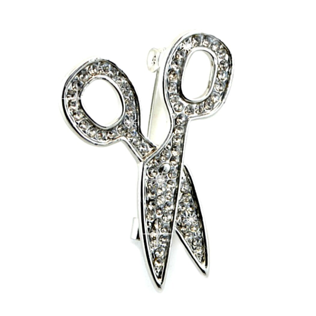 SCISSORS BROOCH Sparkling Silver Rhinestone Hair Salon Stylist Sewing Craft DIY