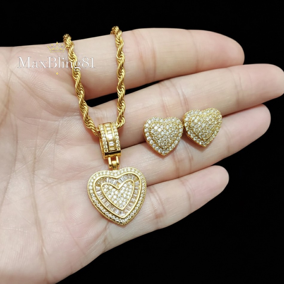 Women’s Moissanite Heart Brass Pendant & 20″ Rope Chain Necklace & Earrings Gift
