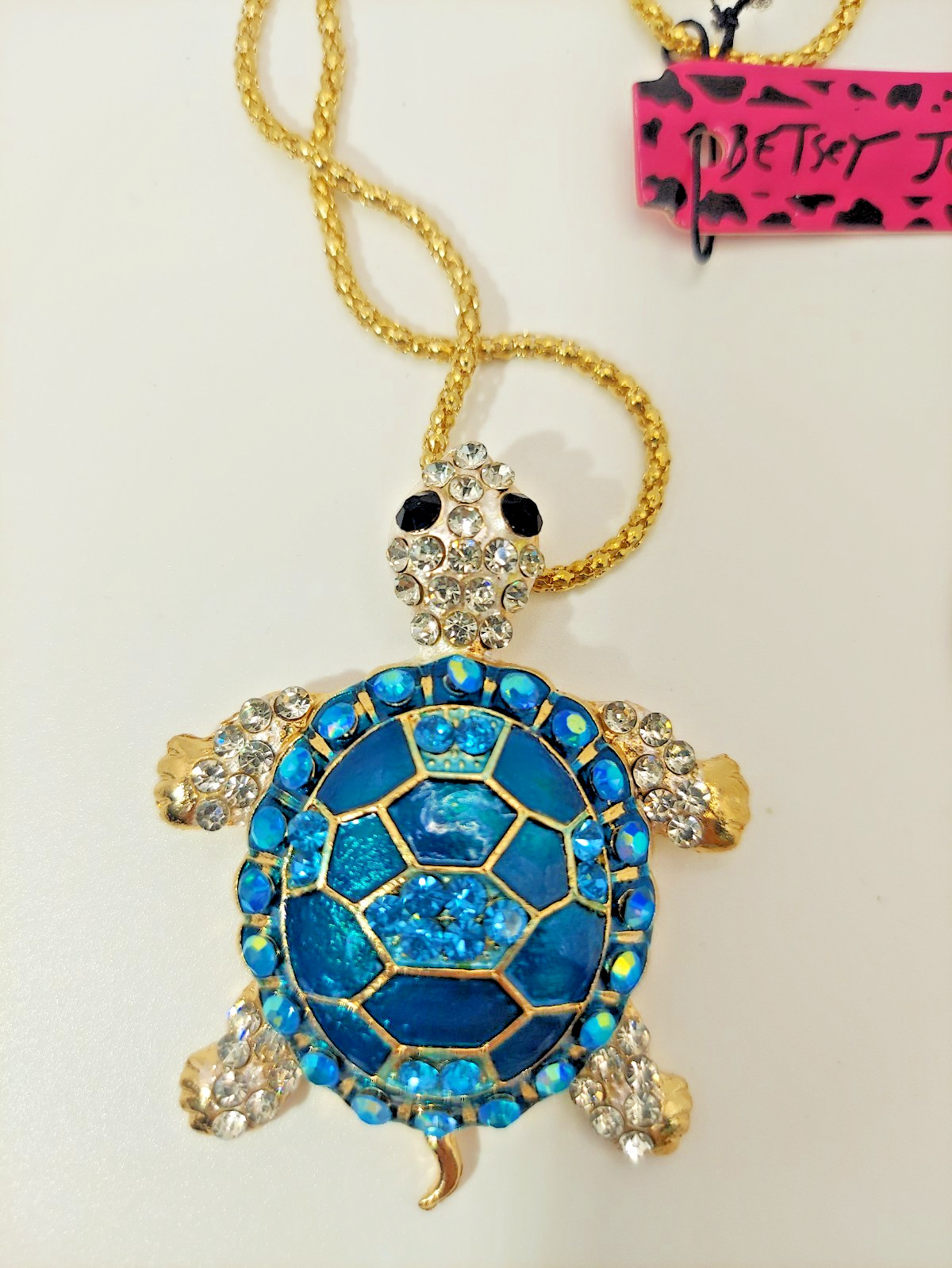 Brilliant 3D Jewel TURTLE Blue Rhinestone Betsey Johnson Tortoise Necklace-Gift