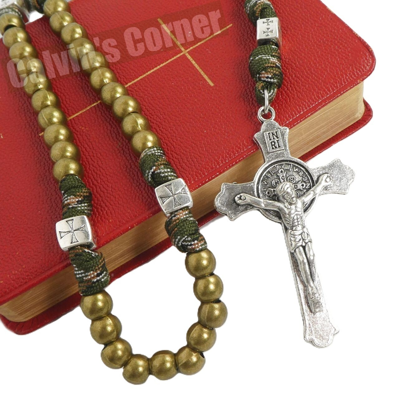 St Benedict Paracord Rosary Necklace Army Green Metal Bead Crucifix Cross 20″