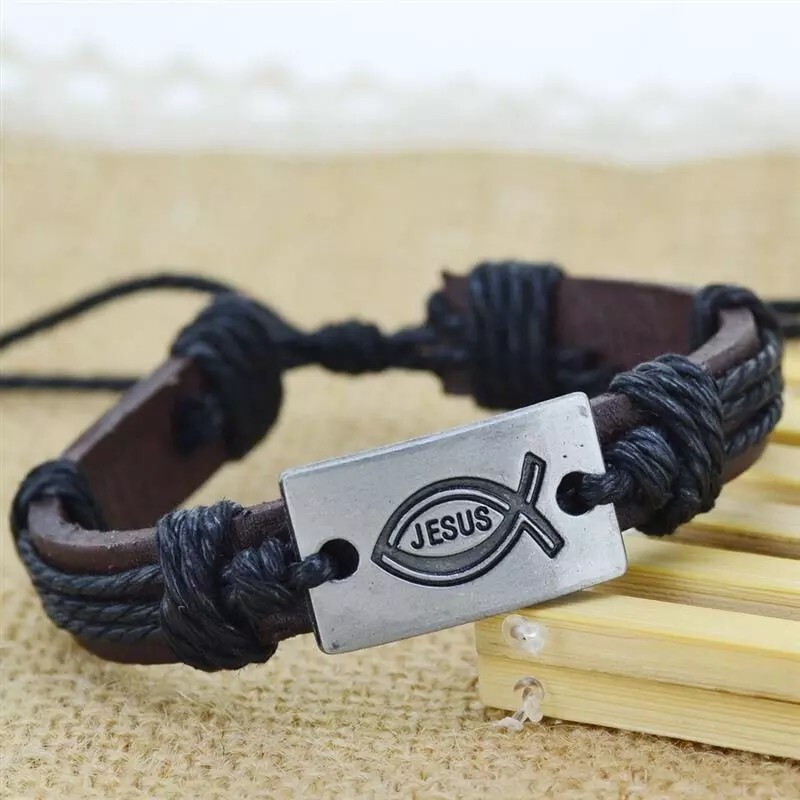 New 1PC Punk Style Leather Bracelets Charm Love Jesus Braided Rope Unisex Bangle