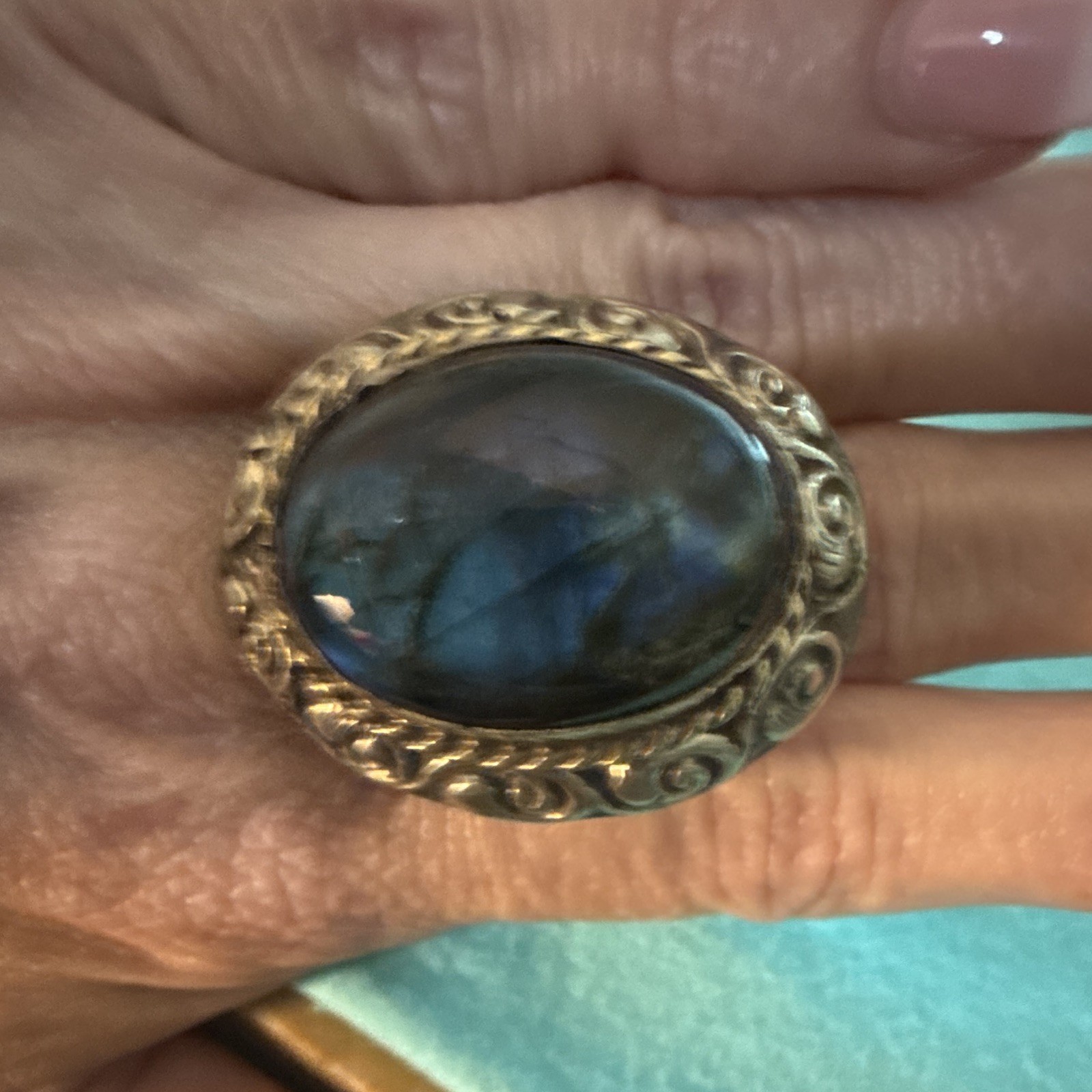 Silver Tone Metal Oval Blue Stone Bezel Set Cocktail Statement Ring