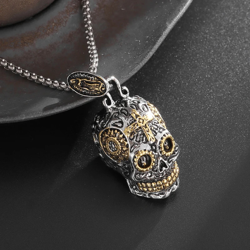 New Men’s Fashion Jewelry Skull Cross Calavera Day Of The Dead Pendant Necklace