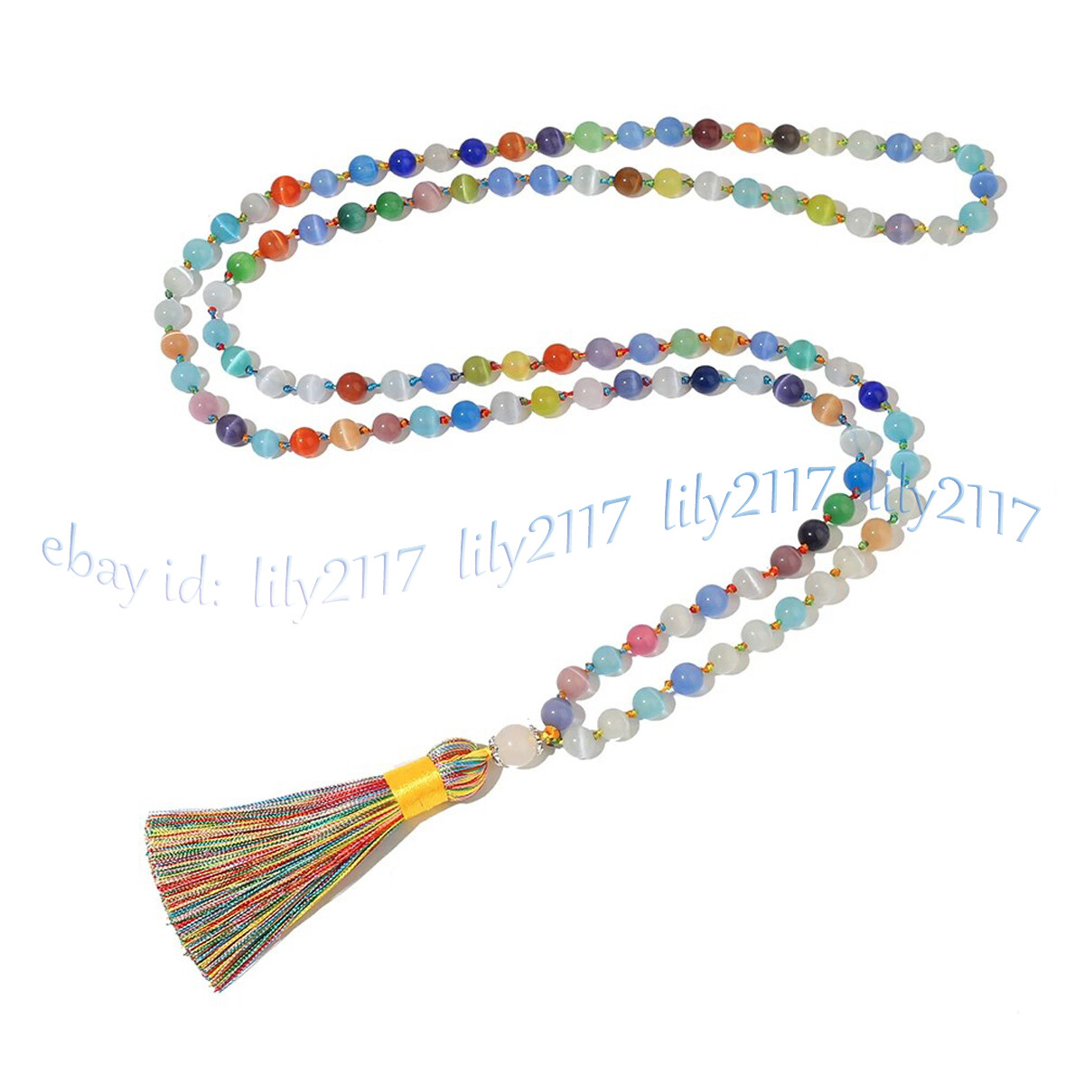 Multicolor Cat’s Eye 108 Prayer Beads Buddhist Mala Necklace Meditation Blessing