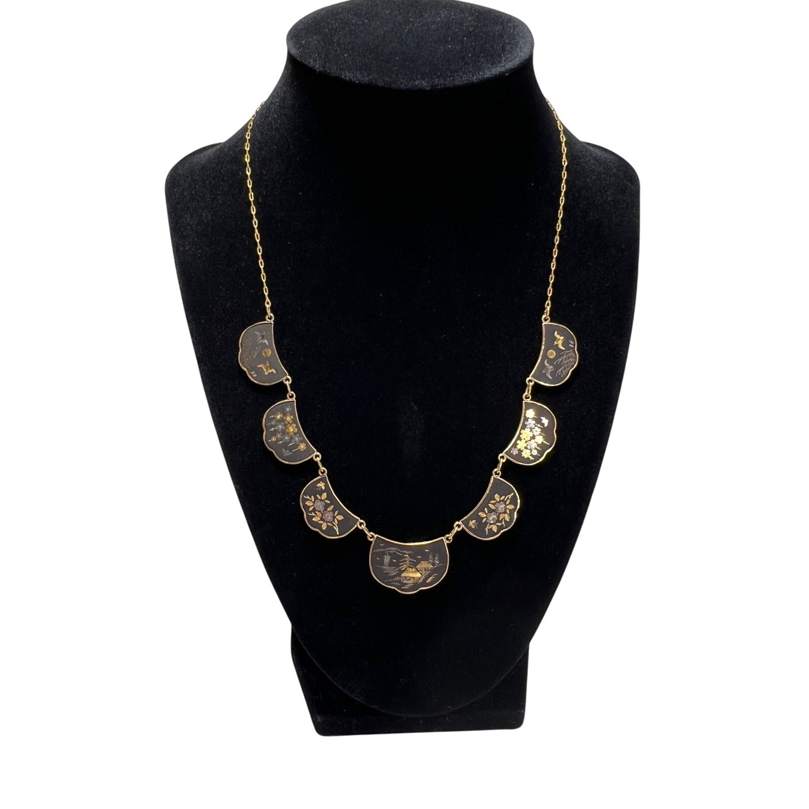 Vintage Japanese Damascene Landscape Fan Bib Statement Necklace Made In Japan