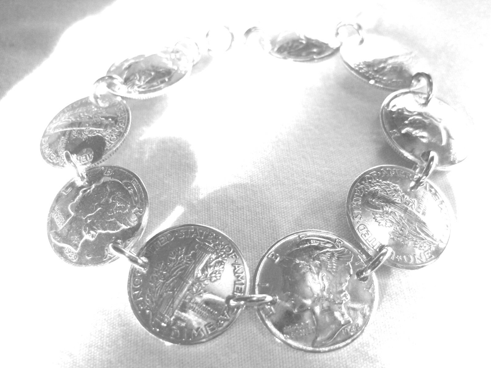 Antique Silver Mercury Dime bracelet, drilled side-by-side-free shipping!