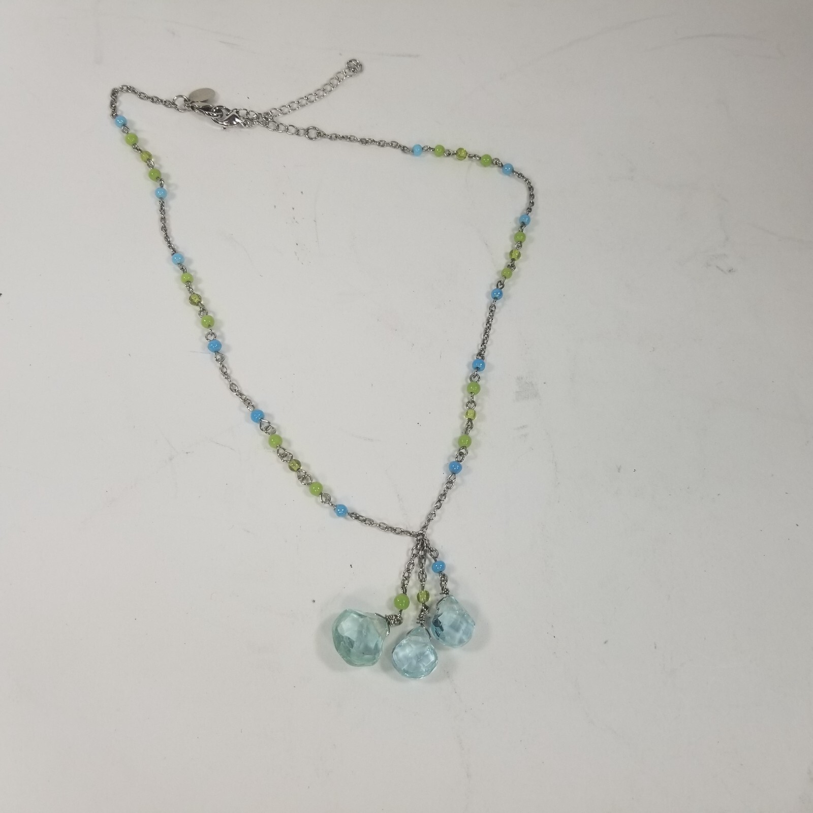 EXPRESS Blue Glass & Acrylic Beaded Dangle Tassle Pendant Necklace Silver Tone