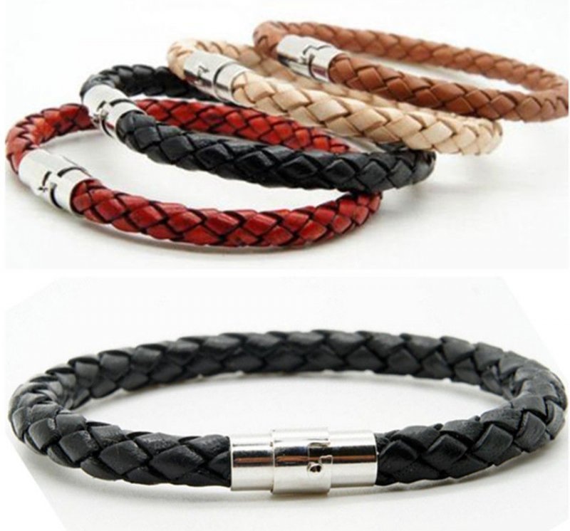 Unisex Women Men Braided Leather Steel Magnetic Clasp Bracelet Handmade Jewelry