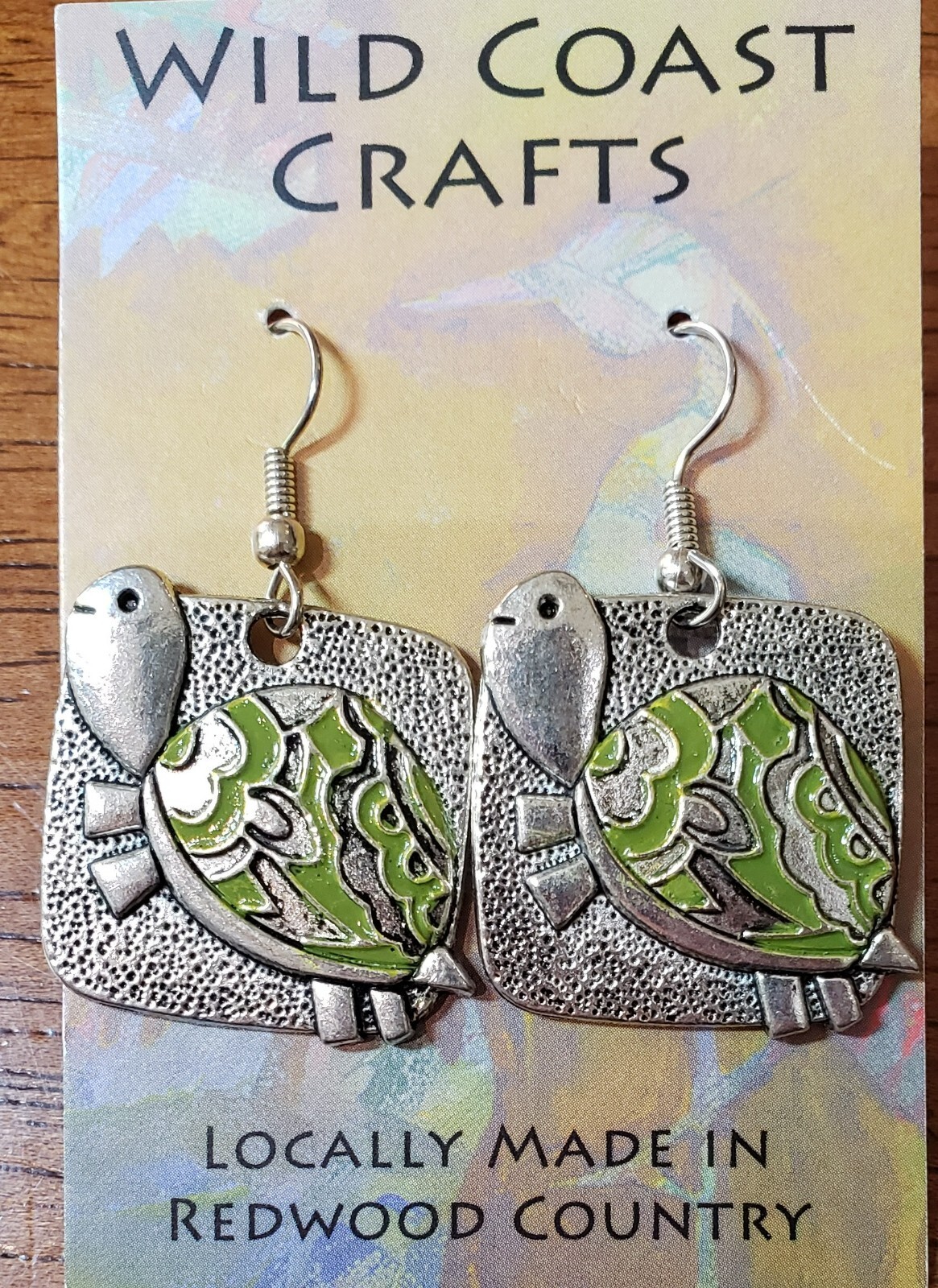 Silver Plated and Hand Painted Shell Sea Turtle w/ Surgical Steel Hook Earrings