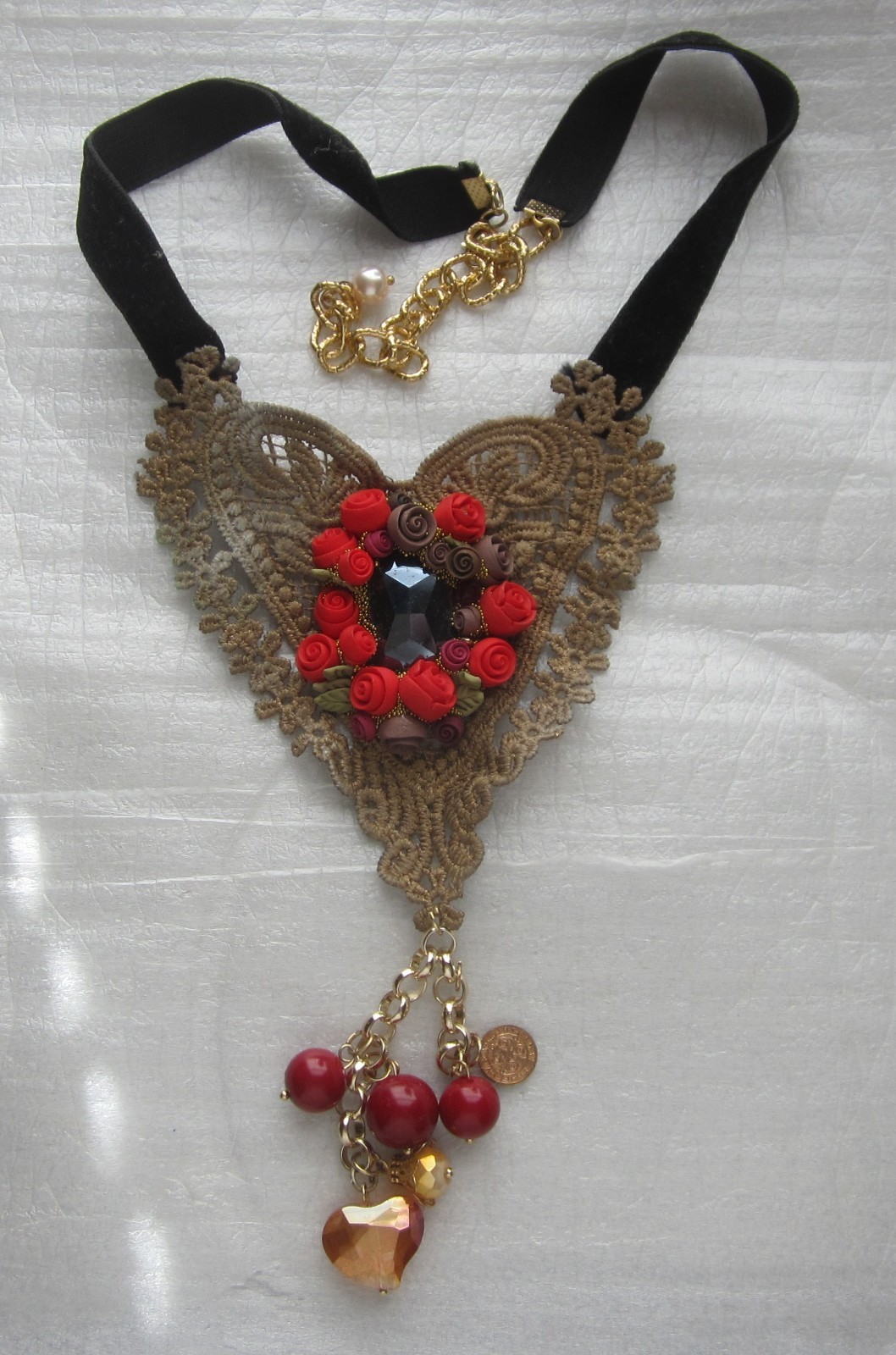 Lace Heart Choker with Flowers & Drop Pendant Tassel with Beads 17+ in.