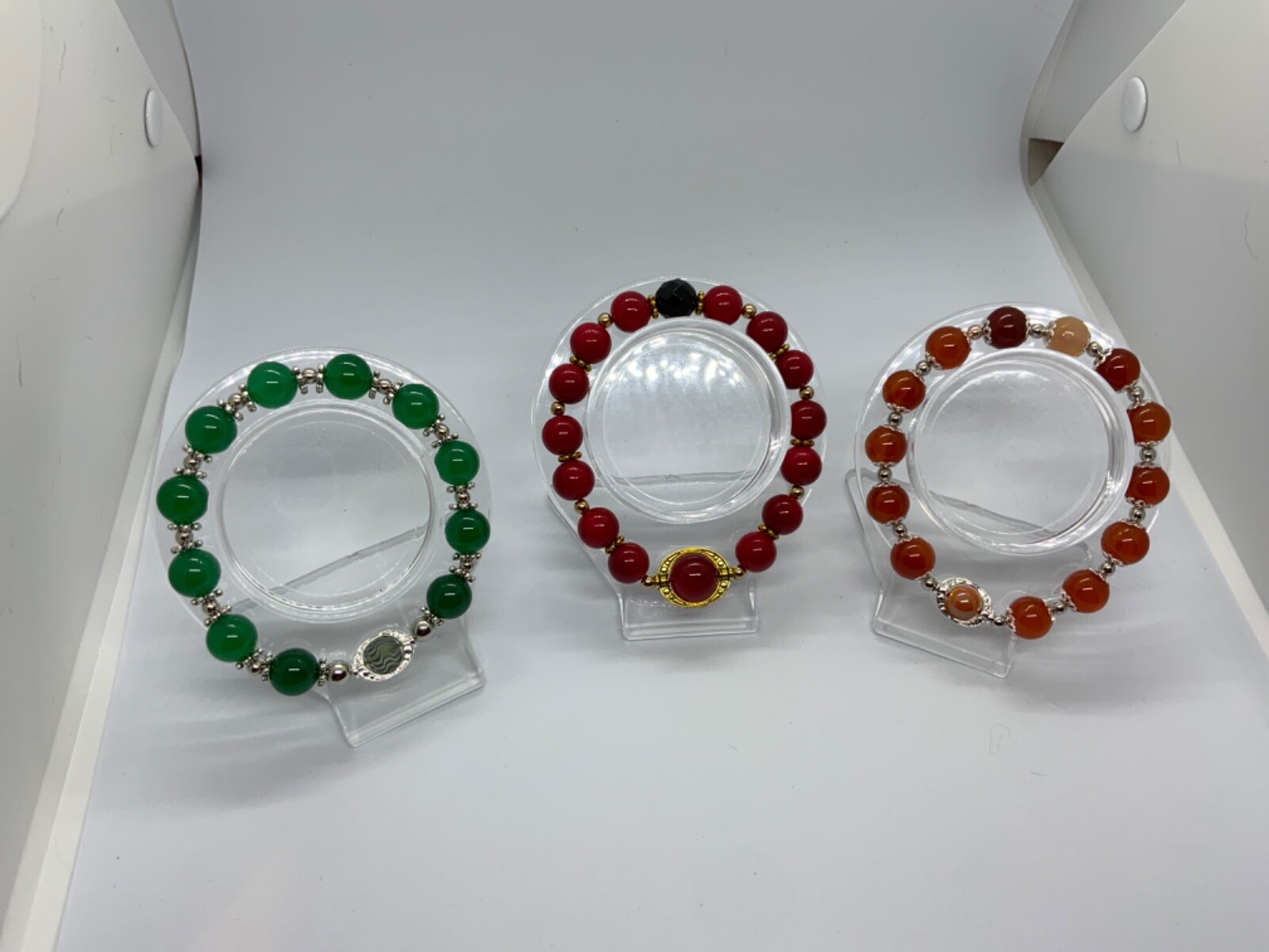 3 BRACELETS Green Crystal stone/Red Black Crystal stone/Red silver Crystal stone