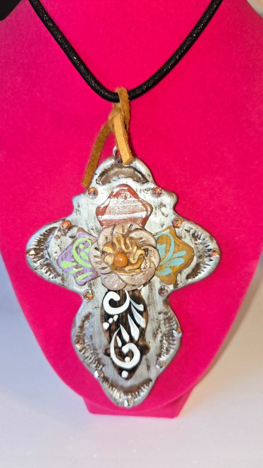 The Same Spirit Polymer Clay Cross Flower Statement Pendant Necklace 16″